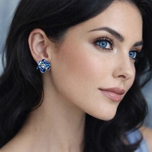 Signed Vintage Sherman Blue Swarovski Crystal & Rhodium Clip Earrings